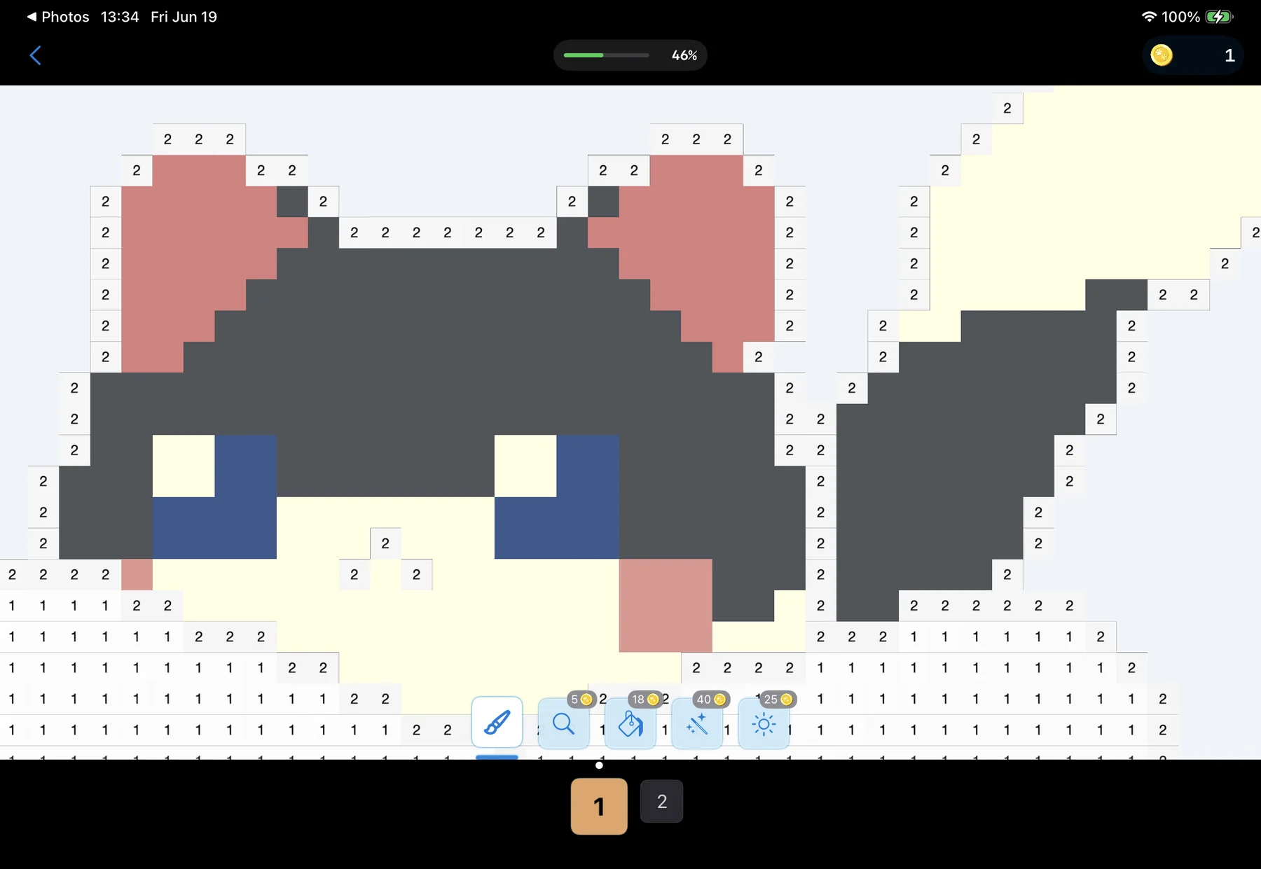 Pixel Purr colour-by-number canvas showing a large pixel-art cat