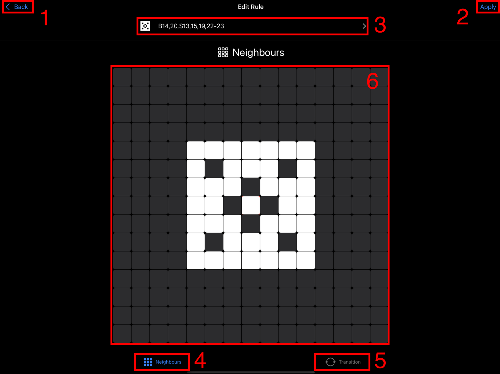 Annotated Tiamat cellular automata rule editor