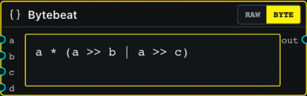 Compact NotBit Bytebeat node editing a procedural audio expression