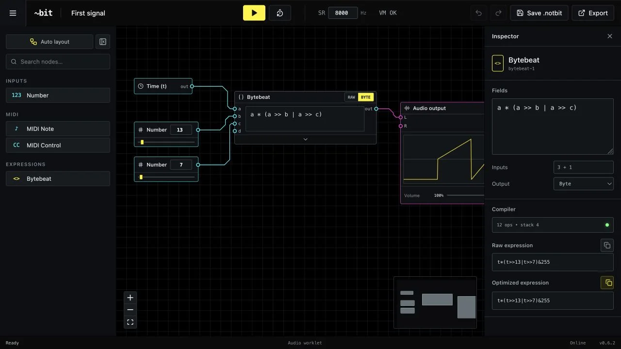 NotBit inspector showing the combined expression and its compact optimized result with copy controls